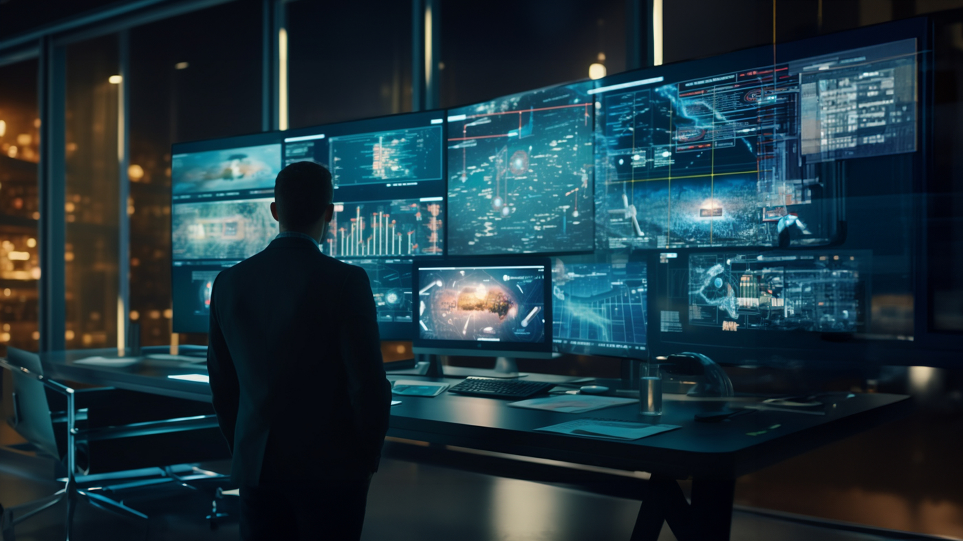 Business man surrounded by futuristic monitors and space program screens